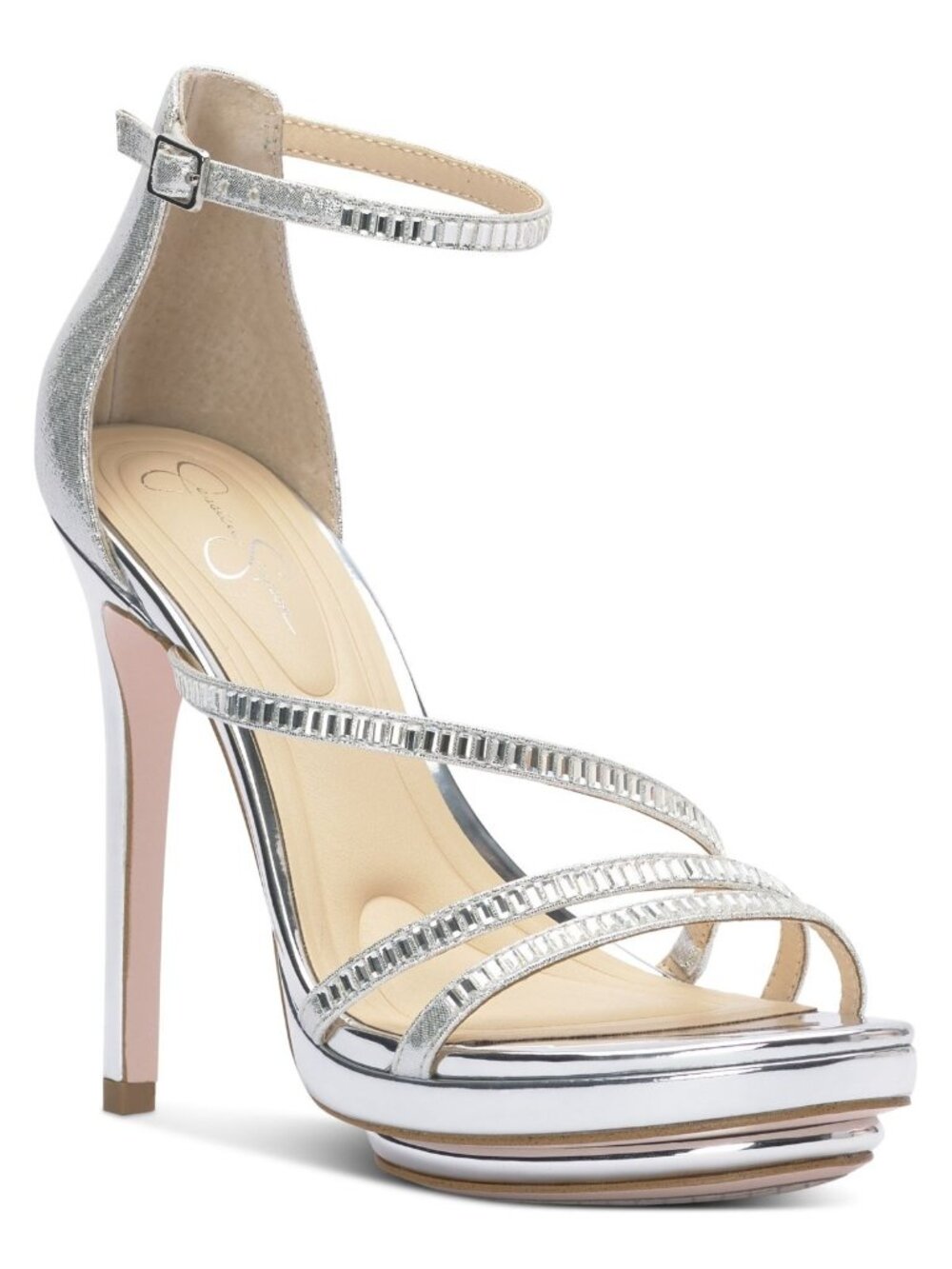 JESSICA SIMPSON Womens Round Toe Stiletto Heel Sandal Silver Size 9.5M Defected